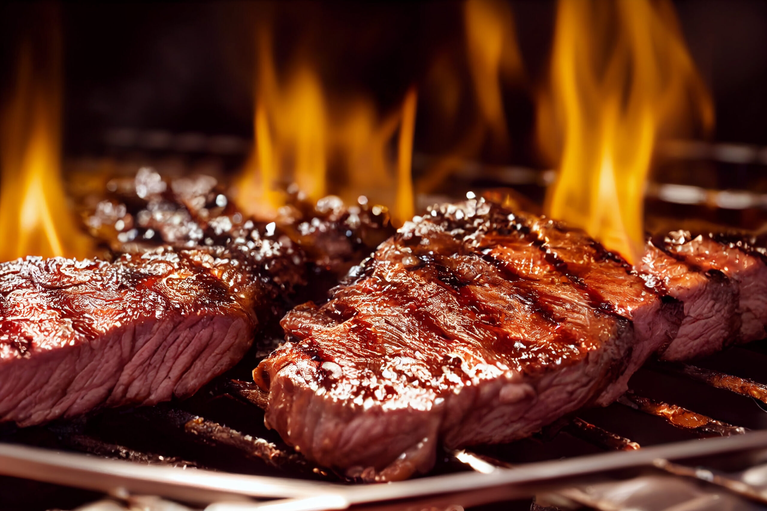 Grilled meat steak on stainless grill depot with flames on dark background. Food and cuisine concept.